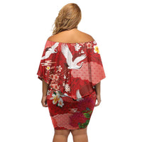 Hawaiian and Japanese Culture Together Off Shoulder Short Dress Red Ohia Lehua Plumeria and Sakura Blooming - Polynesian Pride