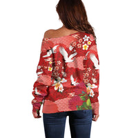Hawaiian and Japanese Culture Together Off Shoulder Sweater Red Ohia Lehua Plumeria and Sakura Blooming - Polynesian Pride