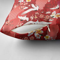 Hawaiian and Japanese Culture Together Pillow Cover Red Ohia Lehua Plumeria and Sakura Blooming - Polynesian Pride