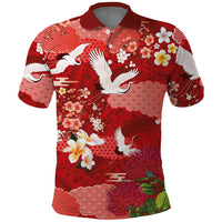Hawaiian and Japanese Culture Together Polo Shirt Red Ohia Lehua Plumeria and Sakura Blooming - Polynesian Pride