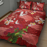Hawaiian and Japanese Culture Together Quilt Bed Set Red Ohia Lehua Plumeria and Sakura Blooming - Polynesian Pride