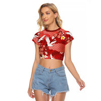 Hawaiian and Japanese Culture Together Raglan Cropped T Shirt Red Ohia Lehua Plumeria and Sakura Blooming LT03 Female Red - Polynesian Pride