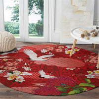 Hawaiian and Japanese Culture Together Round Carpet Red Ohia Lehua Plumeria and Sakura Blooming - Polynesian Pride