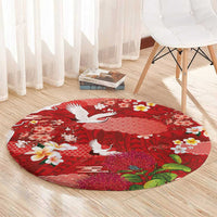 Hawaiian and Japanese Culture Together Round Carpet Red Ohia Lehua Plumeria and Sakura Blooming - Polynesian Pride