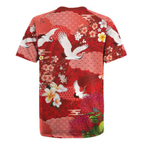 Hawaiian and Japanese Culture Together Rugby Jersey Red Ohia Lehua Plumeria and Sakura Blooming LT03 - Polynesian Pride