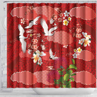 Hawaiian and Japanese Culture Together Shower Curtain Red Ohia Lehua Plumeria and Sakura Blooming - Polynesian Pride