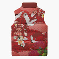Hawaiian and Japanese Culture Together Sleeveless Puffer Jacket Red Ohia Lehua Plumeria and Sakura Blooming - Polynesian Pride