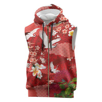 Hawaiian and Japanese Culture Together Sleeveless Zip Hoodie Red Ohia Lehua Plumeria and Sakura Blooming - Polynesian Pride