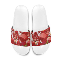 Hawaiian and Japanese Culture Together Slide Sandals Red Ohia Lehua Plumeria and Sakura Blooming - Polynesian Pride