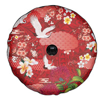 Hawaiian and Japanese Culture Together Spare Tire Cover Red Ohia Lehua Plumeria and Sakura Blooming - Polynesian Pride