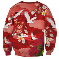 Hawaiian and Japanese Culture Together Sweatshirt Red Ohia Lehua Plumeria and Sakura Blooming - Polynesian Pride