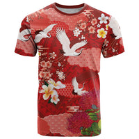 Hawaiian and Japanese Culture Together T Shirt Red Ohia Lehua Plumeria and Sakura Blooming - Polynesian Pride