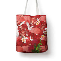 Hawaiian and Japanese Culture Together Tote Bag Red Ohia Lehua Plumeria and Sakura Blooming - Polynesian Pride