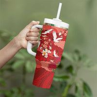 Hawaiian and Japanese Culture Together Tumbler With Handle Red Ohia Lehua Plumeria and Sakura Blooming - Polynesian Pride