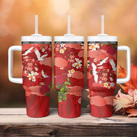 Hawaiian and Japanese Culture Together Tumbler With Handle Red Ohia Lehua Plumeria and Sakura Blooming - Polynesian Pride