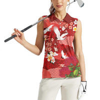 Hawaiian and Japanese Culture Together Women Sleeveless Polo Shirt Red Ohia Lehua Plumeria and Sakura Blooming - Polynesian Pride
