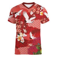 Hawaiian and Japanese Culture Together Women V-Neck T-Shirt Red Ohia Lehua Plumeria and Sakura Blooming LT03 Female Red - Polynesian Pride