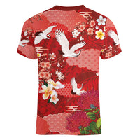 Hawaiian and Japanese Culture Together Women V-Neck T-Shirt Red Ohia Lehua Plumeria and Sakura Blooming LT03 - Polynesian Pride