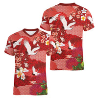 Hawaiian and Japanese Culture Together Women V-Neck T-Shirt Red Ohia Lehua Plumeria and Sakura Blooming LT03 - Polynesian Pride