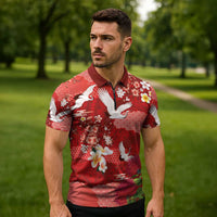 Hawaiian and Japanese Culture Together Zipper Polo Shirt Red Ohia Lehua Plumeria and Sakura Blooming - Polynesian Pride