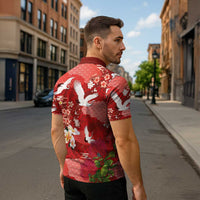 Hawaiian and Japanese Culture Together Zipper Polo Shirt Red Ohia Lehua Plumeria and Sakura Blooming - Polynesian Pride