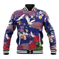 Hawaiian and Japanese Culture Together Baseball Jacket Blue Ohia Lehua Plumeria and Sakura Blooming - Polynesian Pride