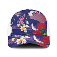 Hawaiian and Japanese Culture Together Baseball Net Cap Blue Ohia Lehua Plumeria and Sakura Blooming LT03 One Size White Blue - Polynesian Pride