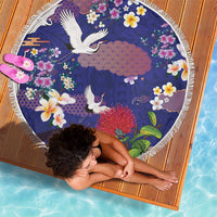 Hawaiian and Japanese Culture Together Beach Blanket Blue Ohia Lehua Plumeria and Sakura Blooming - Polynesian Pride