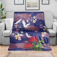Hawaiian and Japanese Culture Together Blanket Blue Ohia Lehua Plumeria and Sakura Blooming - Polynesian Pride