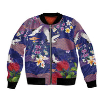 Hawaiian and Japanese Culture Together Bomber Jacket Blue Ohia Lehua Plumeria and Sakura Blooming - Polynesian Pride