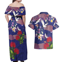 Hawaiian and Japanese Culture Together Couples Matching Off Shoulder Maxi Dress and Hawaiian Shirt Blue Ohia Lehua Plumeria and Sakura Blooming - Polynesian Pride