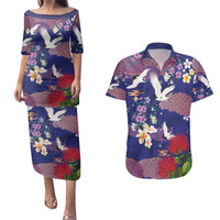 Hawaiian and Japanese Culture Together Couples Matching Puletasi and Hawaiian Shirt Blue Ohia Lehua Plumeria and Sakura Blooming LT03 Blue - Polynesian Pride