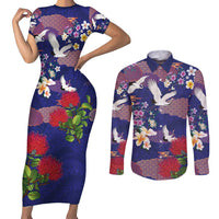 Hawaiian and Japanese Culture Together Couples Matching Short Sleeve Bodycon Dress and Long Sleeve Button Shirt Blue Ohia Lehua Plumeria and Sakura Blooming LT03 Blue - Polynesian Pride