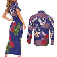 Hawaiian and Japanese Culture Together Couples Matching Short Sleeve Bodycon Dress and Long Sleeve Button Shirt Blue Ohia Lehua Plumeria and Sakura Blooming LT03 - Polynesian Pride