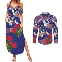 Hawaiian and Japanese Culture Together Couples Matching Summer Maxi Dress and Long Sleeve Button Shirt Blue Ohia Lehua Plumeria and Sakura Blooming LT03 Blue - Polynesian Pride