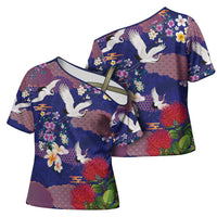 Hawaiian and Japanese Culture Together Cross Shoulder Shirt Blue Ohia Lehua Plumeria and Sakura Blooming - Polynesian Pride