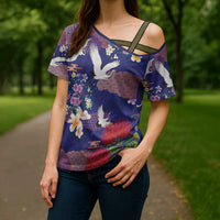 Hawaiian and Japanese Culture Together Cross Shoulder Shirt Blue Ohia Lehua Plumeria and Sakura Blooming - Polynesian Pride