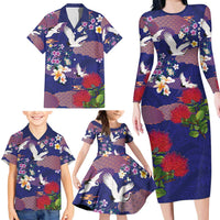 Hawaiian and Japanese Culture Together Family Matching Long Sleeve Bodycon Dress and Hawaiian Shirt Blue Ohia Lehua Plumeria and Sakura Blooming - Polynesian Pride