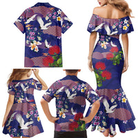 Hawaiian and Japanese Culture Together Family Matching Mermaid Dress and Hawaiian Shirt Blue Ohia Lehua Plumeria and Sakura Blooming - Polynesian Pride