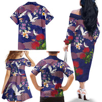 Hawaiian and Japanese Culture Together Family Matching Off The Shoulder Long Sleeve Dress and Hawaiian Shirt Blue Ohia Lehua Plumeria and Sakura Blooming - Polynesian Pride