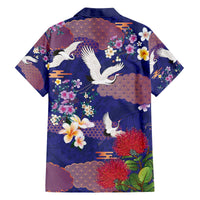 Hawaiian and Japanese Culture Together Family Matching Off The Shoulder Long Sleeve Dress and Hawaiian Shirt Blue Ohia Lehua Plumeria and Sakura Blooming LT03 - Polynesian Pride