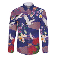 Hawaiian and Japanese Culture Together Family Matching Off The Shoulder Long Sleeve Dress and Hawaiian Shirt Blue Ohia Lehua Plumeria and Sakura Blooming LT03 Dad's Shirt - Long Sleeve Blue - Polynesian Pride