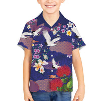 Hawaiian and Japanese Culture Together Family Matching Off The Shoulder Long Sleeve Dress and Hawaiian Shirt Blue Ohia Lehua Plumeria and Sakura Blooming LT03 Son's Shirt Blue - Polynesian Pride