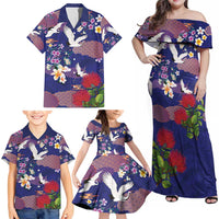 Hawaiian and Japanese Culture Together Family Matching Off Shoulder Maxi Dress and Hawaiian Shirt Blue Ohia Lehua Plumeria and Sakura Blooming LT03 - Polynesian Pride