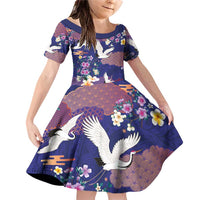 Hawaiian and Japanese Culture Together Family Matching Off Shoulder Short Dress and Hawaiian Shirt Blue Ohia Lehua Plumeria and Sakura Blooming LT03 Daughter's Dress Blue - Polynesian Pride