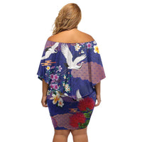 Hawaiian and Japanese Culture Together Family Matching Off Shoulder Short Dress and Hawaiian Shirt Blue Ohia Lehua Plumeria and Sakura Blooming - Polynesian Pride