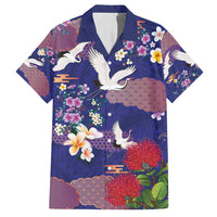 Hawaiian and Japanese Culture Together Family Matching Puletasi and Hawaiian Shirt Blue Ohia Lehua Plumeria and Sakura Blooming LT03 Dad's Shirt - Short Sleeve Blue - Polynesian Pride