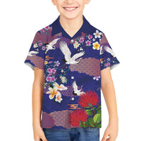 Hawaiian and Japanese Culture Together Family Matching Puletasi and Hawaiian Shirt Blue Ohia Lehua Plumeria and Sakura Blooming LT03 Son's Shirt Blue - Polynesian Pride
