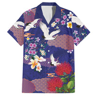 Hawaiian and Japanese Culture Together Family Matching Summer Maxi Dress and Hawaiian Shirt Blue Ohia Lehua Plumeria and Sakura Blooming LT03 Dad's Shirt - Short Sleeve Blue - Polynesian Pride