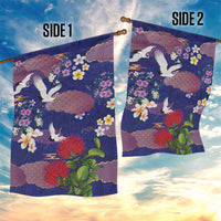 Hawaiian and Japanese Culture Together Garden Flag Blue Ohia Lehua Plumeria and Sakura Blooming - Polynesian Pride